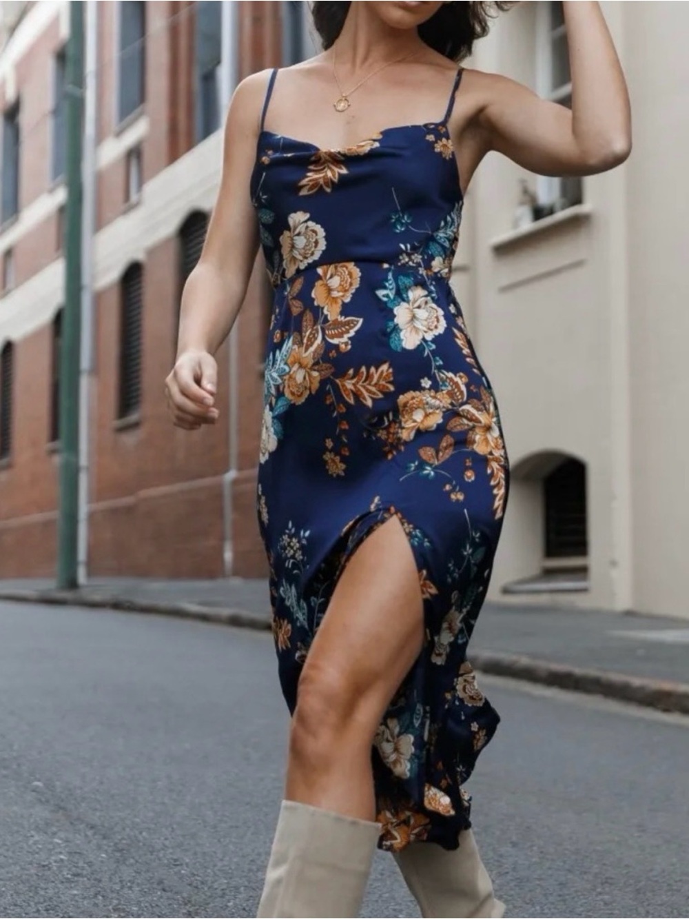 Petal & Pup Navy Maxi Dress with Mustard & Cream Floral Print - Picture 4 of 7